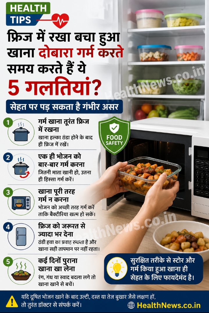 फ्रिज में रखा बचा हुआ खाना दोबारा गर्म करते समय करते हैं ये 5 गलतियां? सेहत पर पड़ सकता है गंभीर असर फ्रिज में रखा बचा हुआ खाना दोबारा गर्म करते समय करते हैं ये 5 गलतियां? सेहत पर पड़ सकता है गंभीर असर